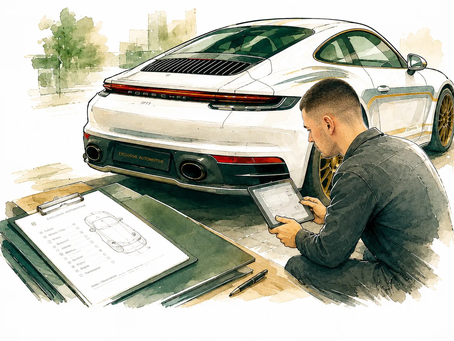 Audit technique d'une Porsche 911 : inspection tablette en main et fiche de contrôle, illustration aquarelle