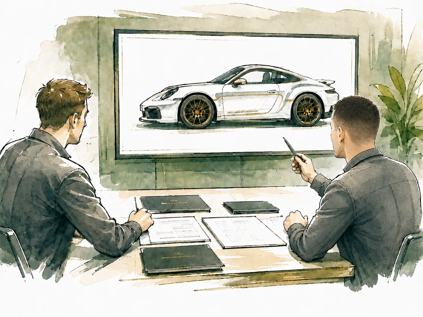 Deux personnes attablées définissant le cahier des charges d'une Porsche 911 affichée à l'écran, illustration aquarelle