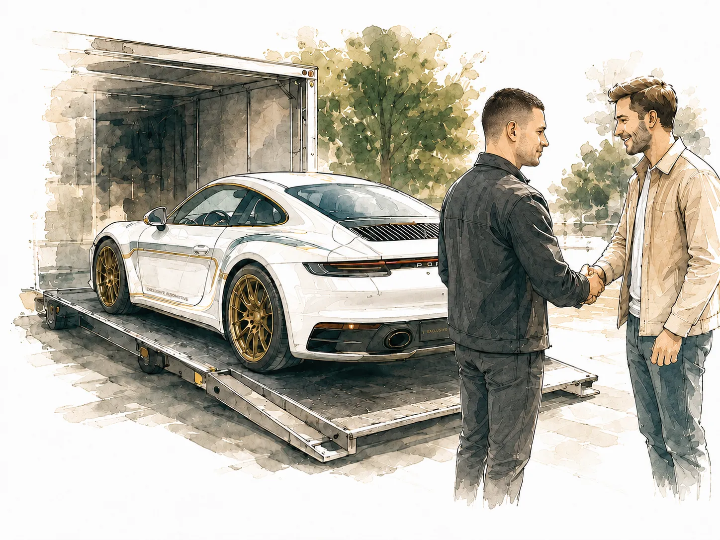 Remise des clés : poignée de main devant une Porsche 911 sur son camion porte-voiture, illustration aquarelle
