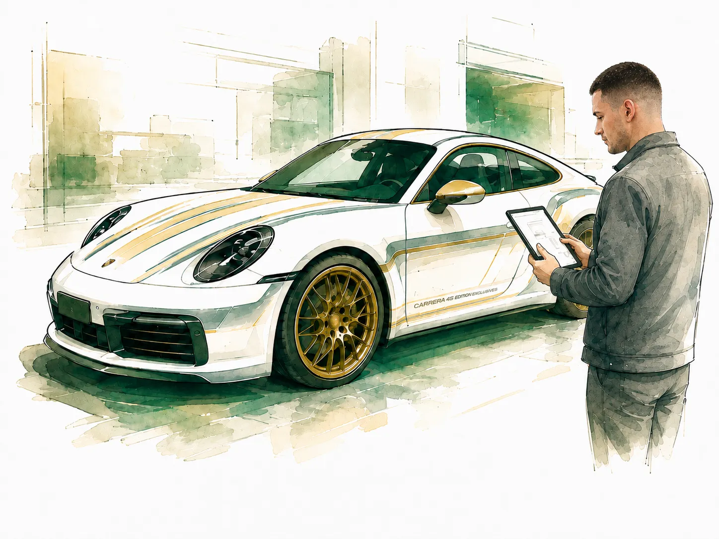Sourcing d'une Porsche 911 : relevé sur tablette au contact du véhicule, illustration aquarelle
